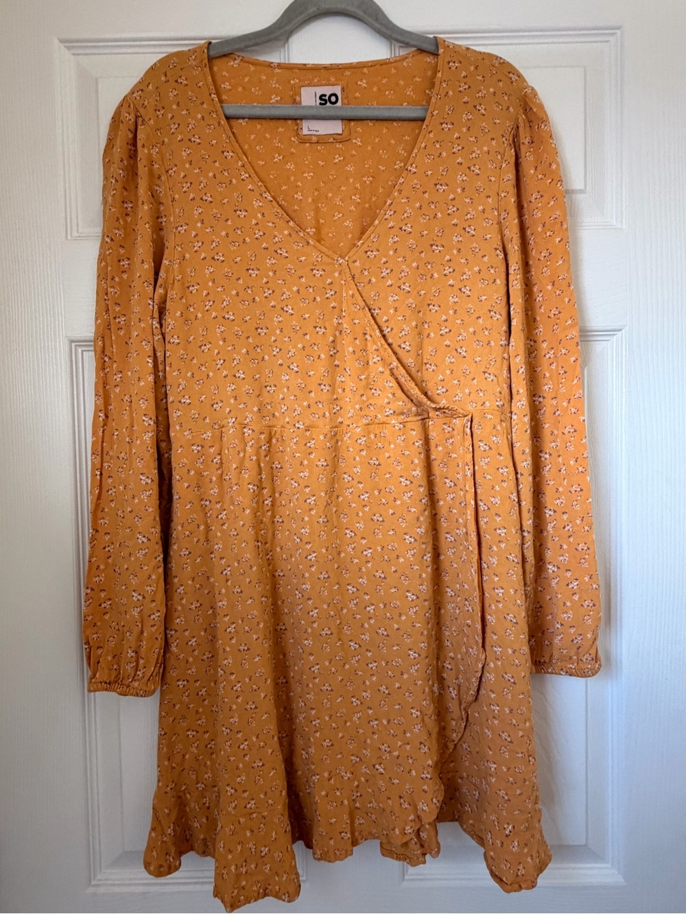 SO Mustard Floral Wrap-Effect Long Sleeve Dress